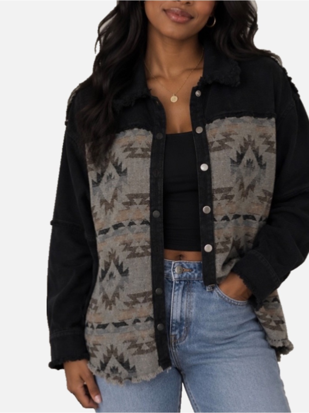Mystree Womens S Western Wool Blanket Denim Raw Edge Snap Shacket Jacket Western